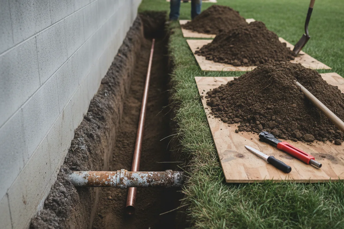 Excavated water line trench during Water Heater Repair in Thorntown
